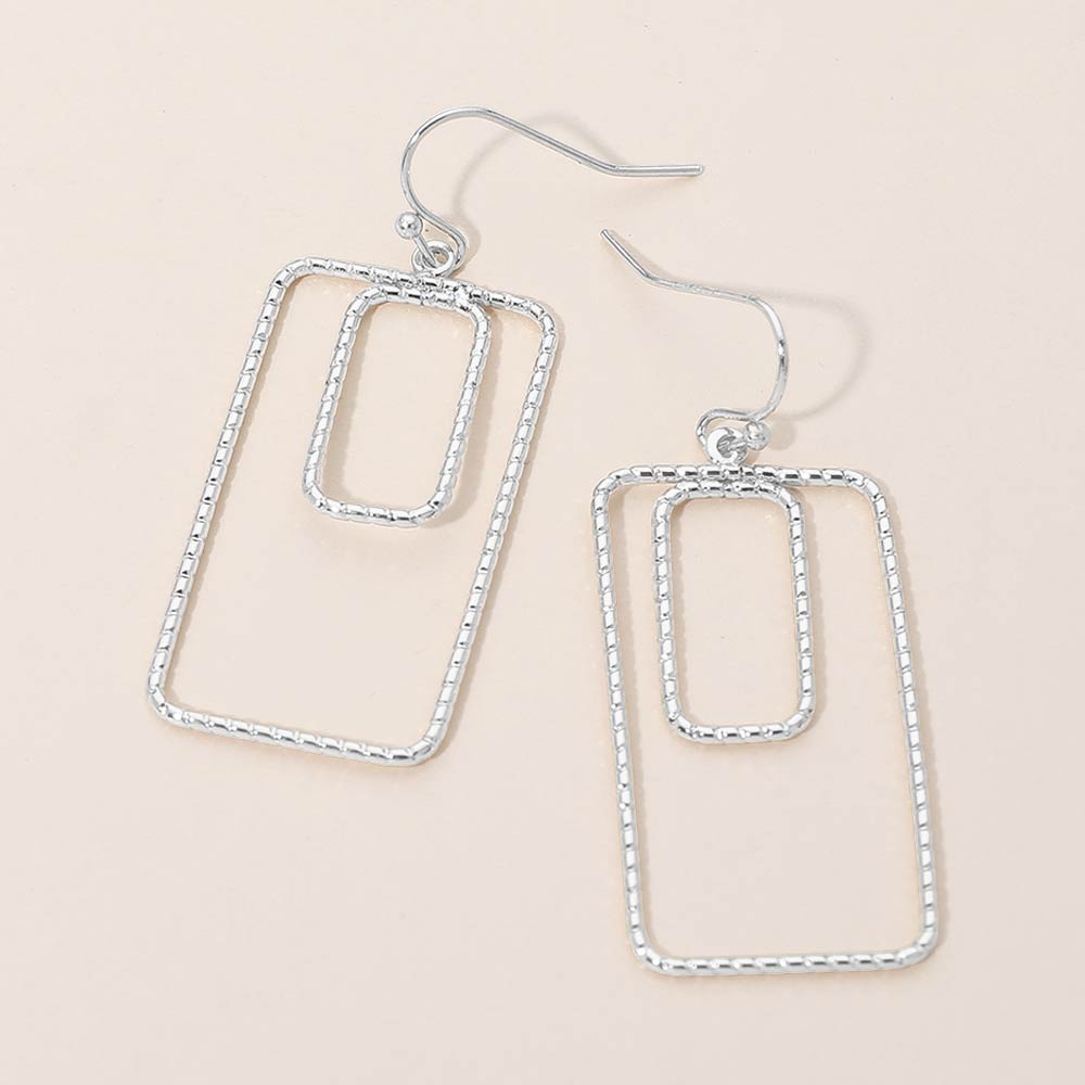 Madeline Love Rhodium Geometric Rectangle Double Frame Drop Earrings
