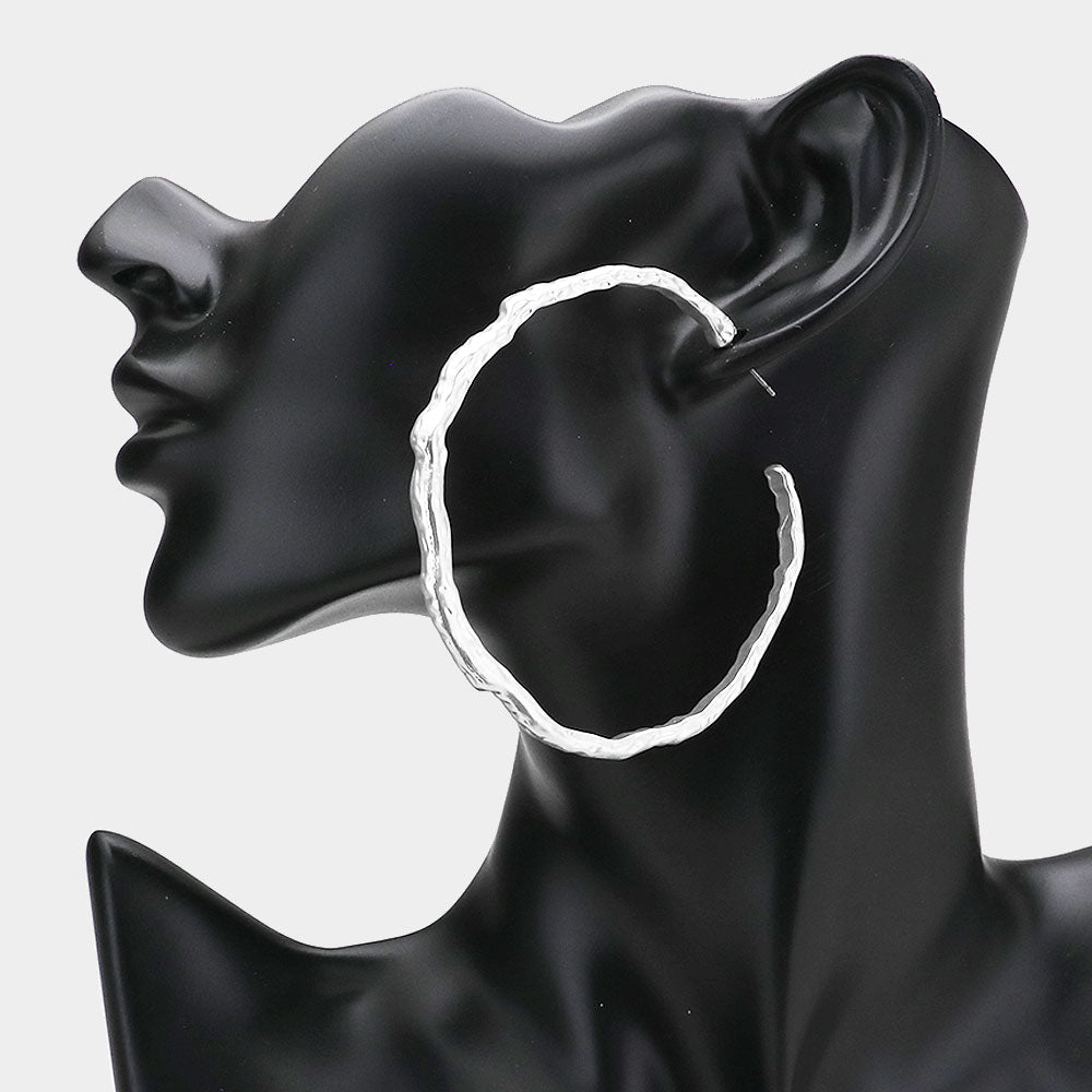 Madeline Love Matte Silver Textured Irregular Metal Hoop Earrings