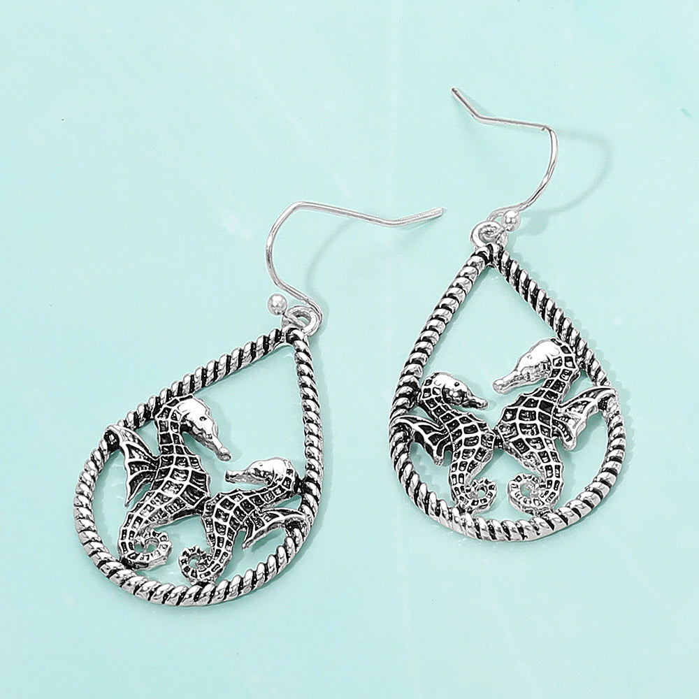 Madeline Love Antique Silver Seahorse Accented Open Teardrop Dangle Earrings