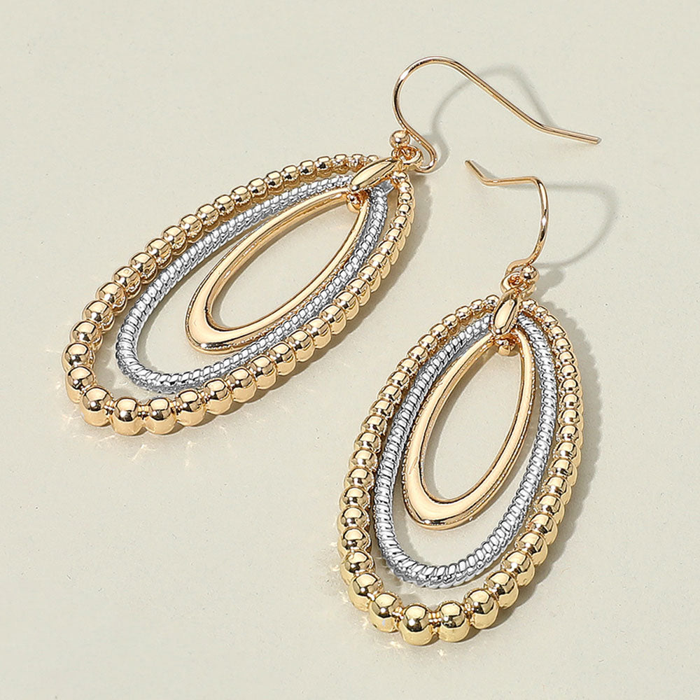 Madeline Love Gold, Two Tone Textured Bead Layered Oval Dangle Earrings