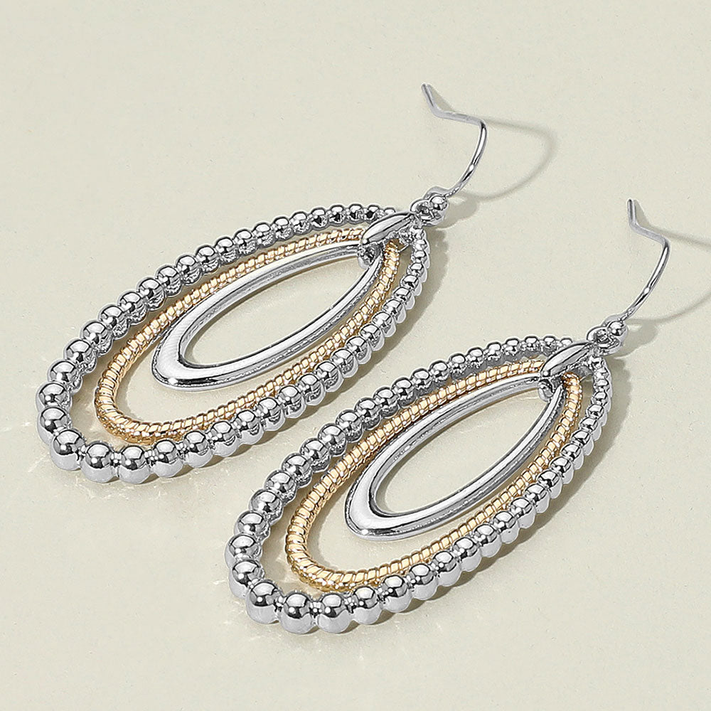 Madeline Love Rhodium, Two Tone Textured Bead Layered Oval Dangle Earrings
