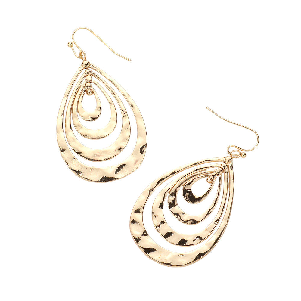 Madeline Love Gold Hammered Metal Concentric Teardrop Dangle Earrings - desc