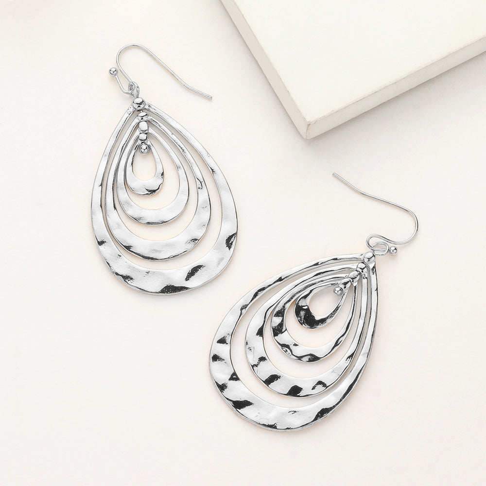 Madeline Love Rhodium Hammered Metal Concentric Teardrop Dangle Earrings