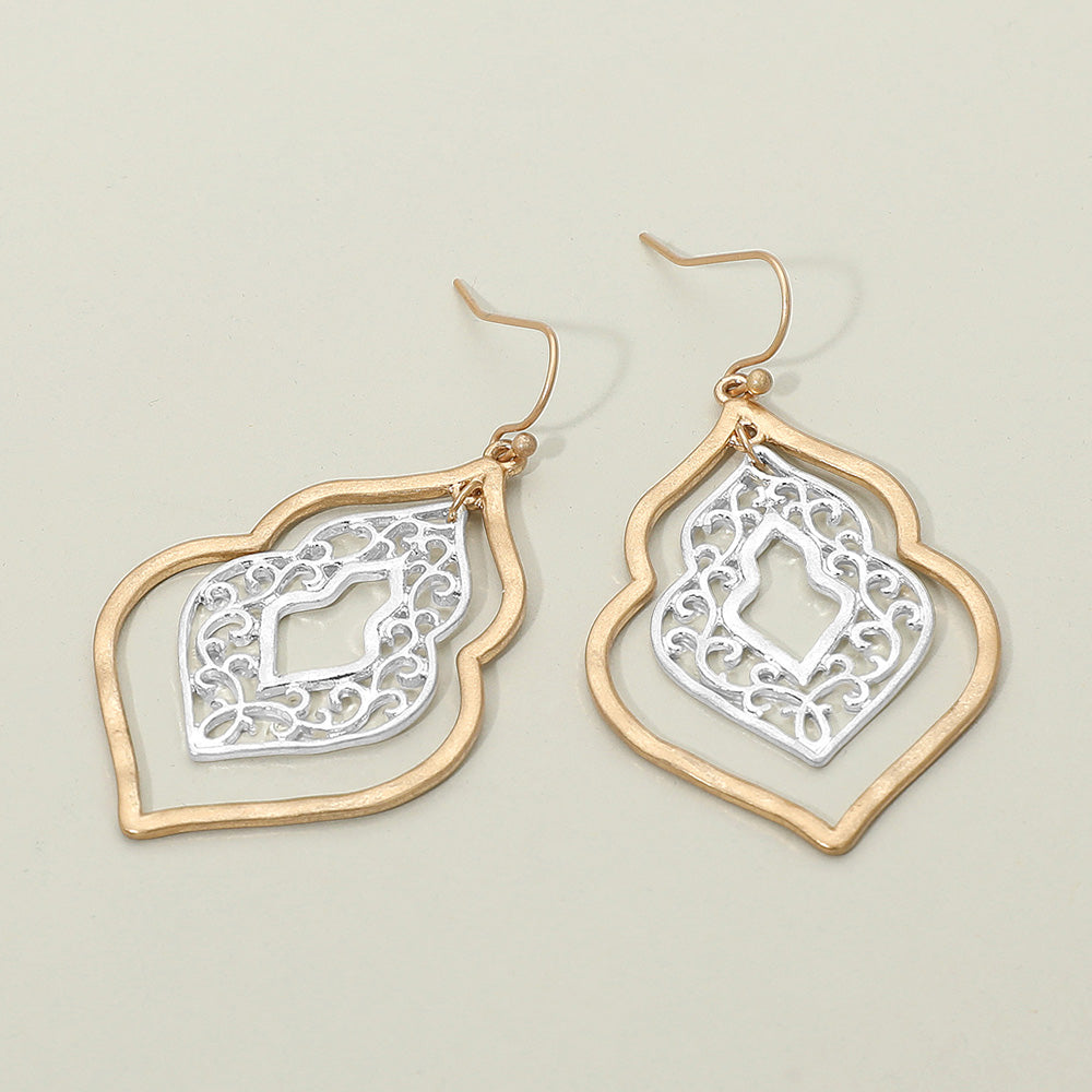 Madeline Love Two Tone, Worn Gold Metal Filigree Ornate Dangle Earrings