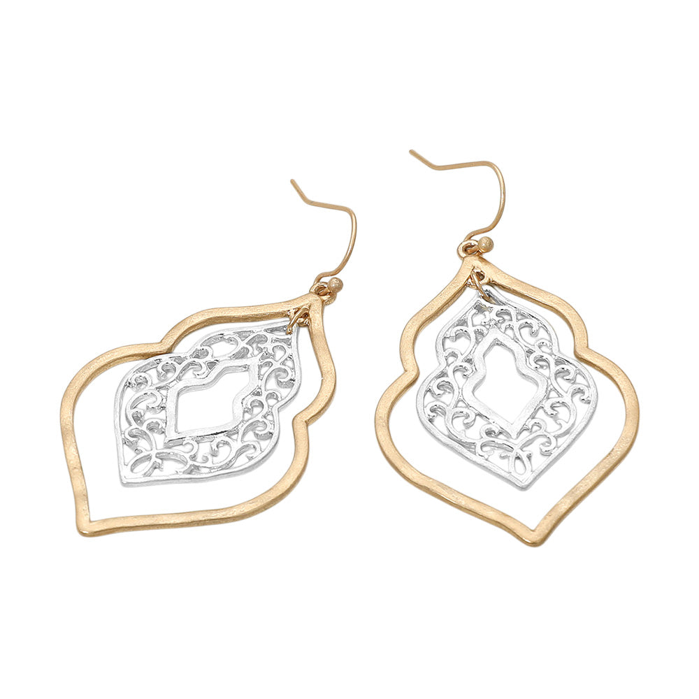 Madeline Love Two Tone, Worn Gold Metal Filigree Ornate Dangle Earrings - desc