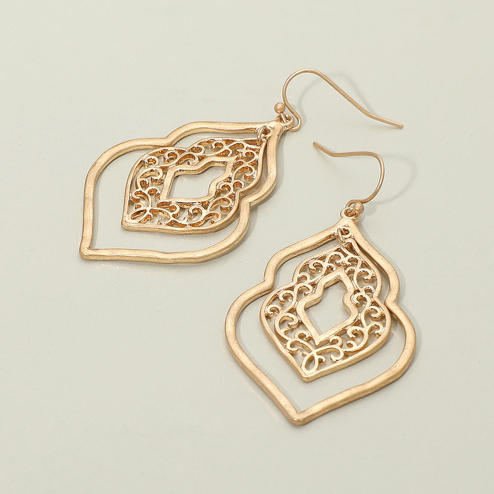 Madeline Love Worn Gold Metal Filigree Ornate Dangle Earrings