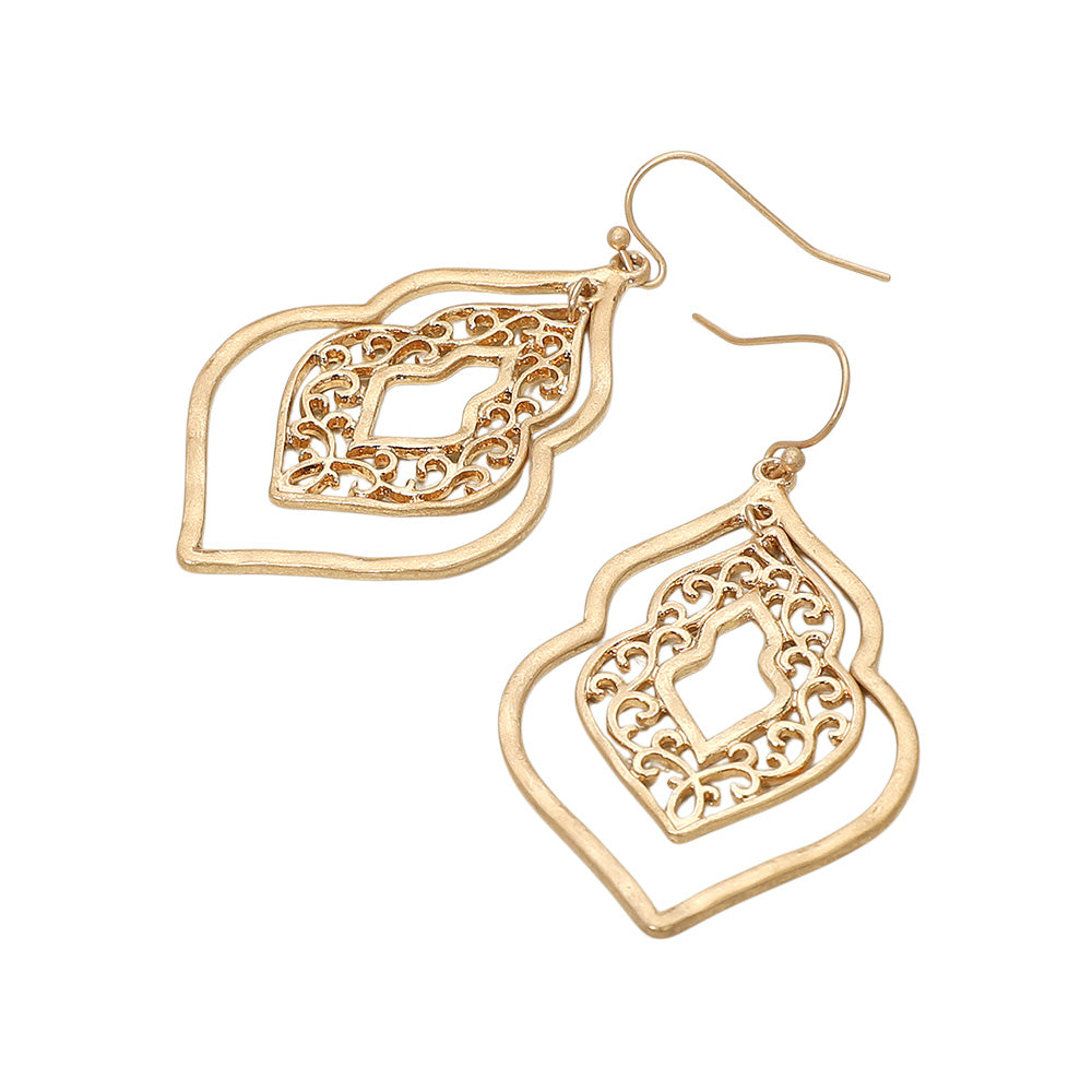 Madeline Love Worn Gold Metal Filigree Ornate Dangle Earrings - desc