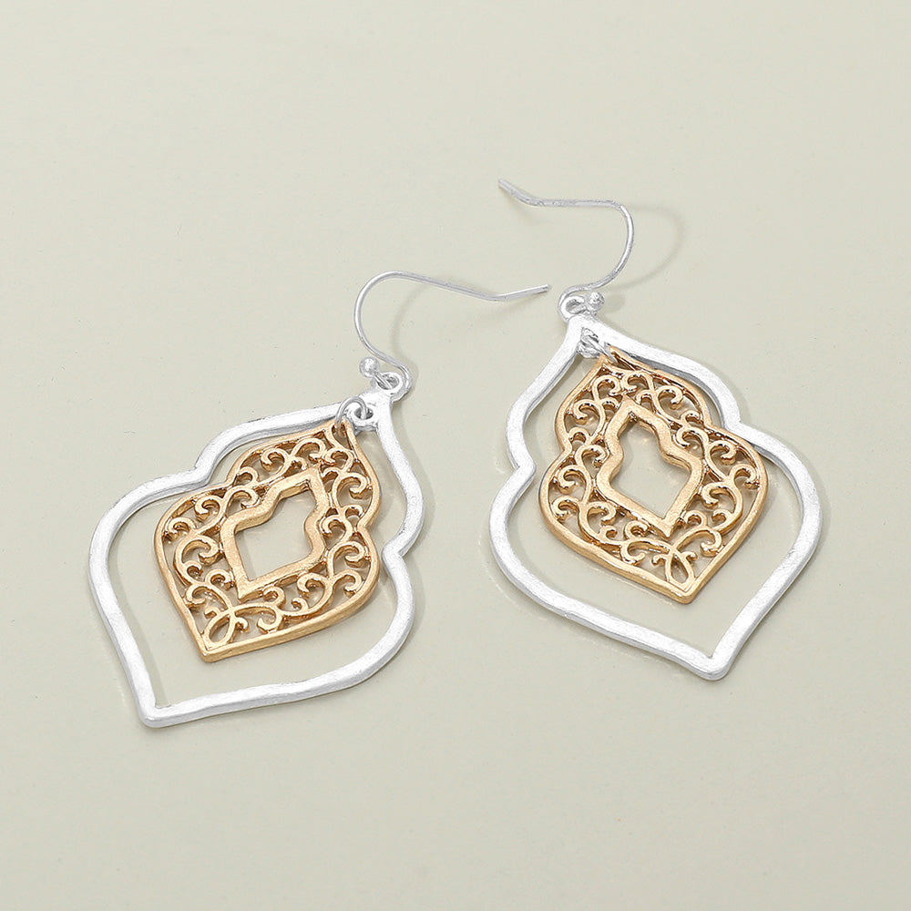 Madeline Love Two Tone, Worn Silver Metal Filigree Ornate Dangle Earrings