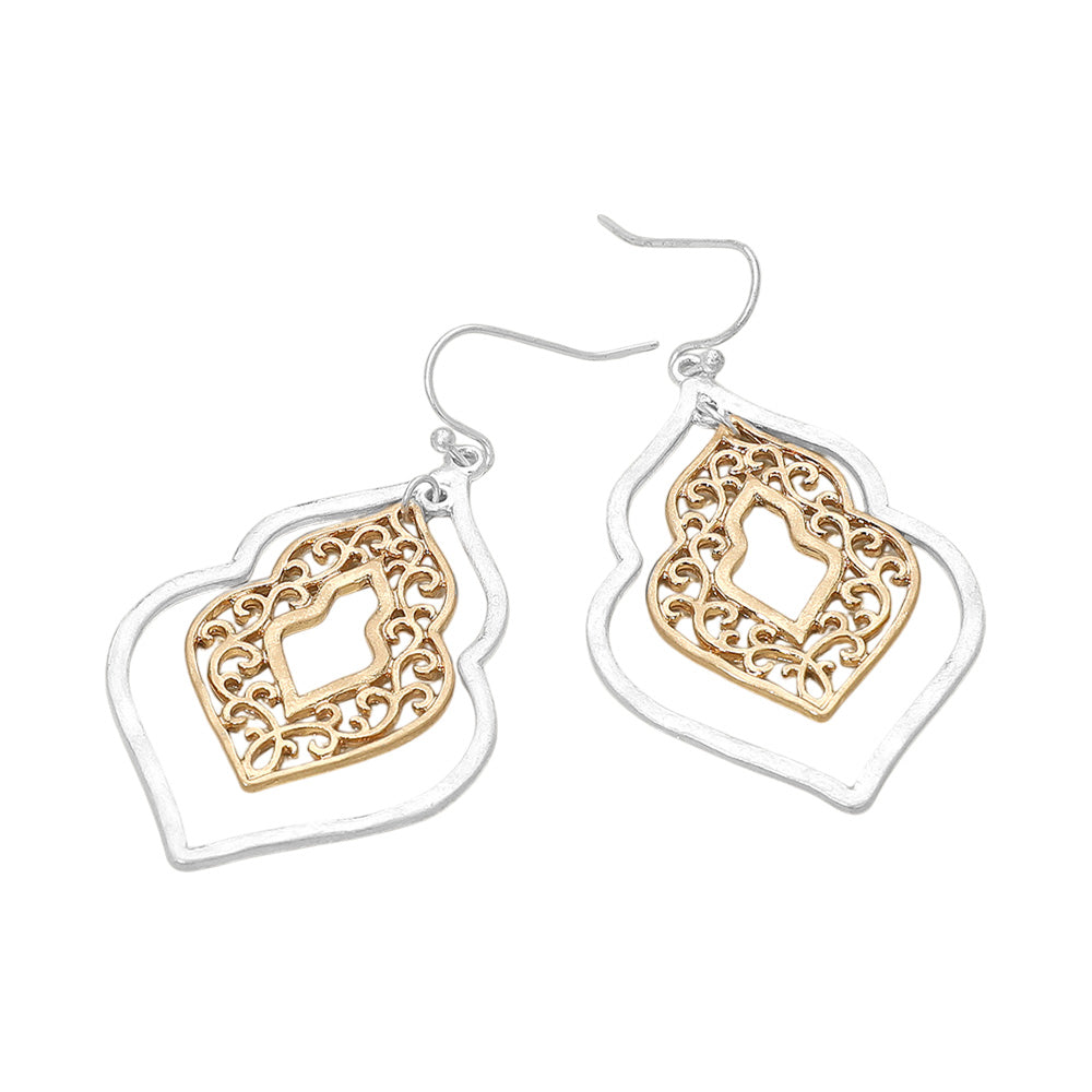 Madeline Love Two Tone, Worn Silver Metal Filigree Ornate Dangle Earrings - desc