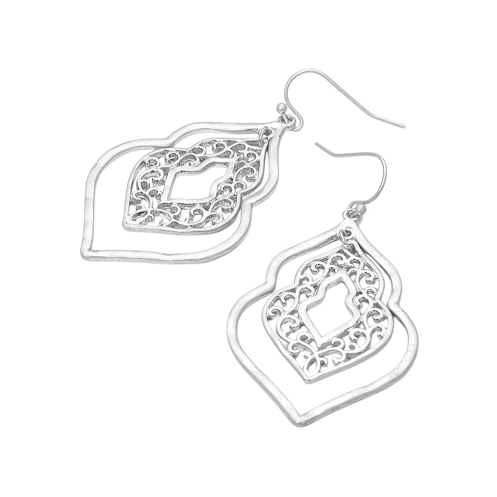 Madeline Love Worn Silver Metal Filigree Ornate Dangle Earrings - desc