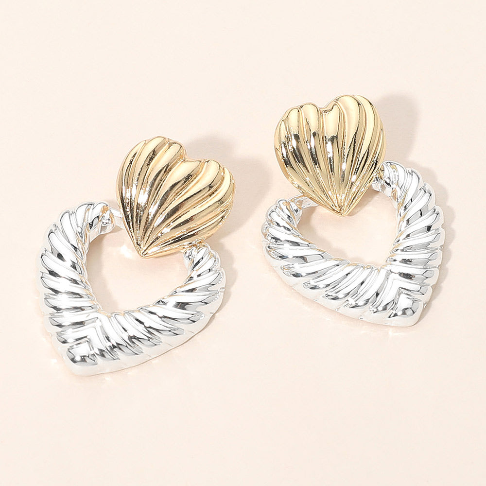 Madeline Love Gold, Two Tone Twisted Two Tone Double Heart Drop Earrings
