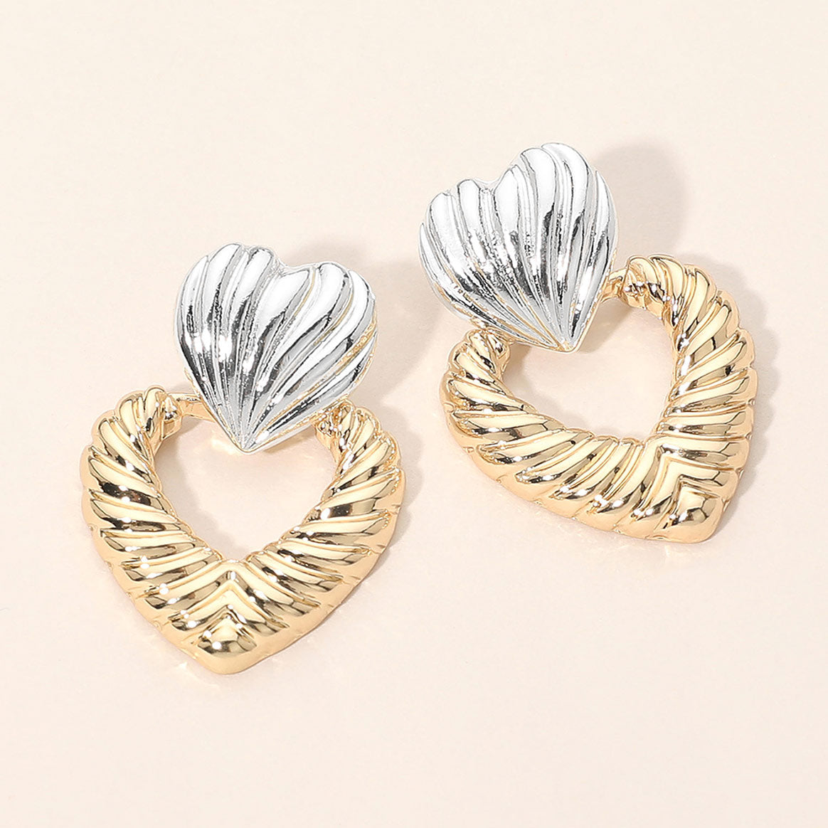 Madeline Love Silver, Two Tone Twisted Two Tone Double Heart Drop Earrings