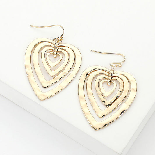 Hammered Metal Layered Heart Dangle Earrings