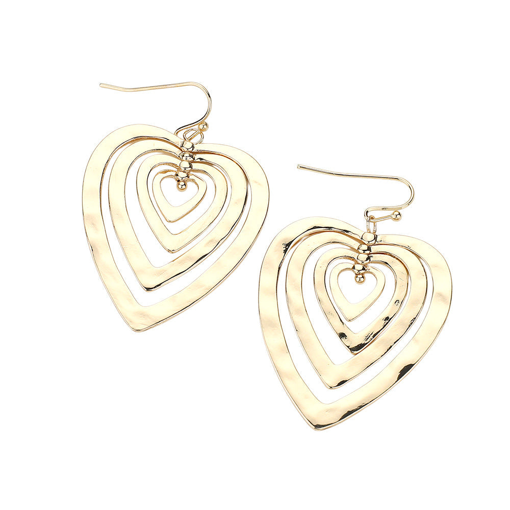 Hammered Metal Layered Heart Dangle Earrings