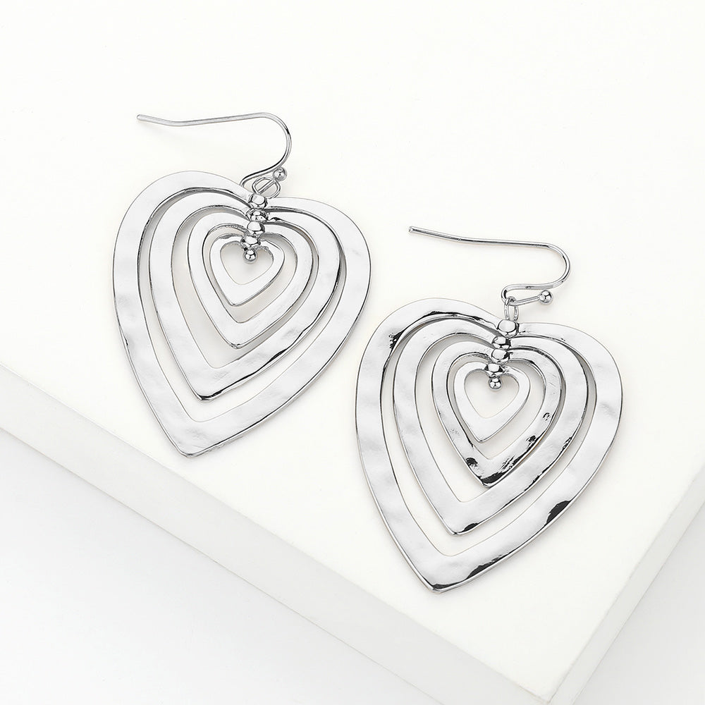 Hammered Metal Layered Heart Dangle Earrings