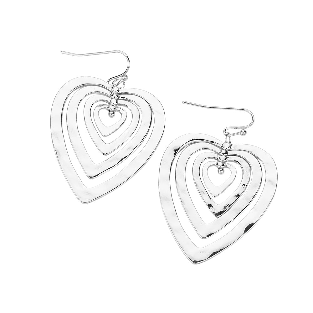 Hammered Metal Layered Heart Dangle Earrings