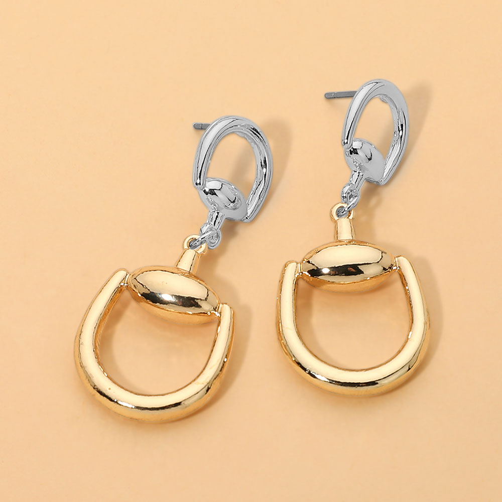 Madeline Love Gold, Two Tone Metal Geometric Horsebit Link Drop Earrings