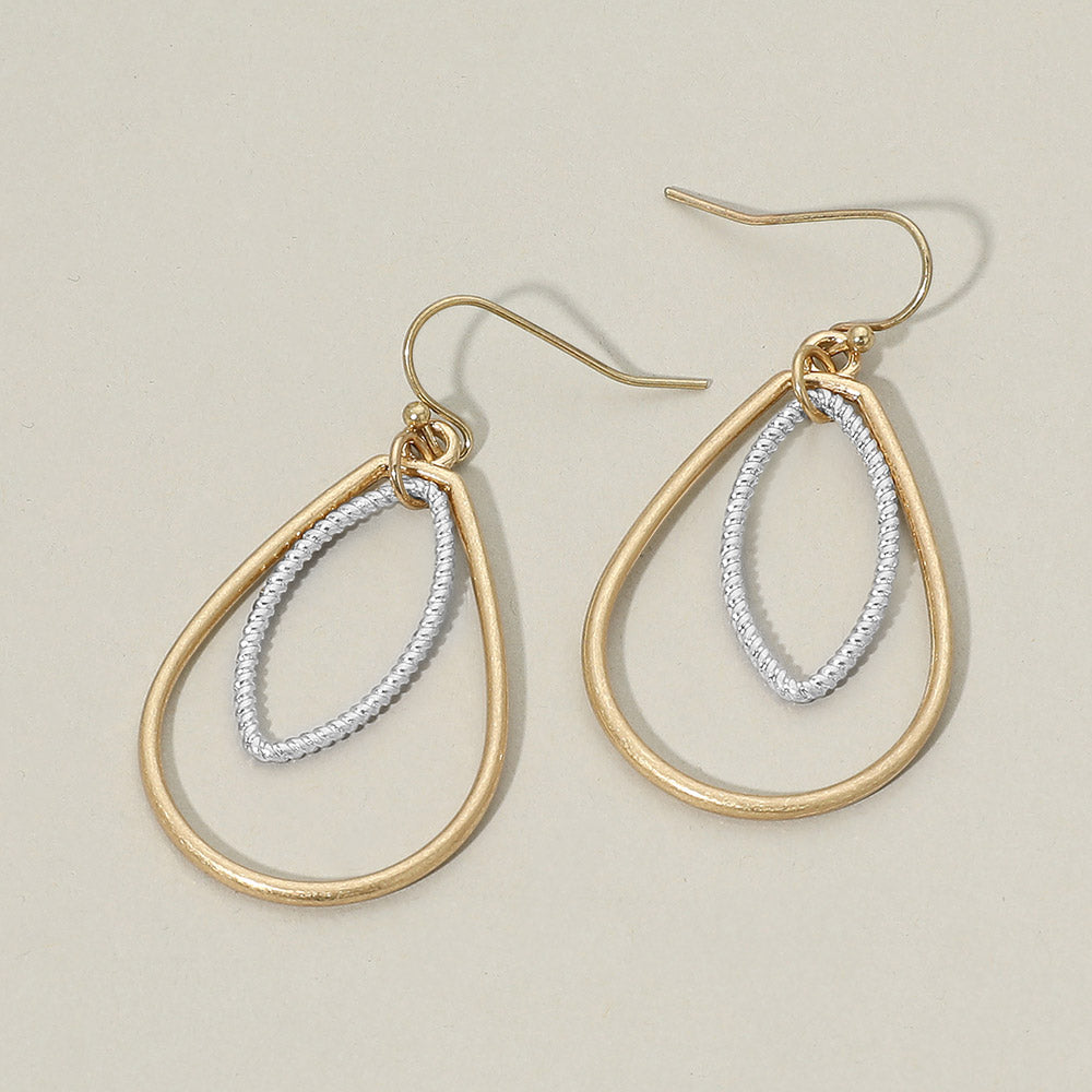 Madeline Love Two Tone, Worn Gold Layered Metal Teardrop Drop Earrings