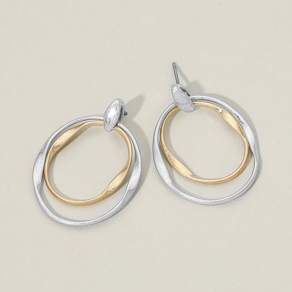 Madeline Love Two Tone, Worn Silver Double Layered Ring Drop Earrings