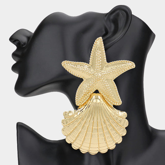 Gold Oversized Textured Metal Starfish Sea Shell Link Earrings