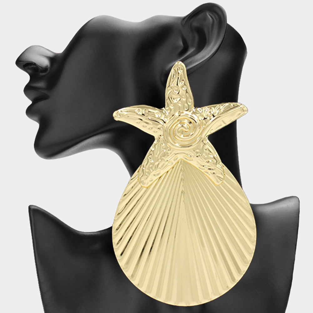 Madeline Love Gold Oversized Textured Metal Starfish Seashell Drop Statement Earrings