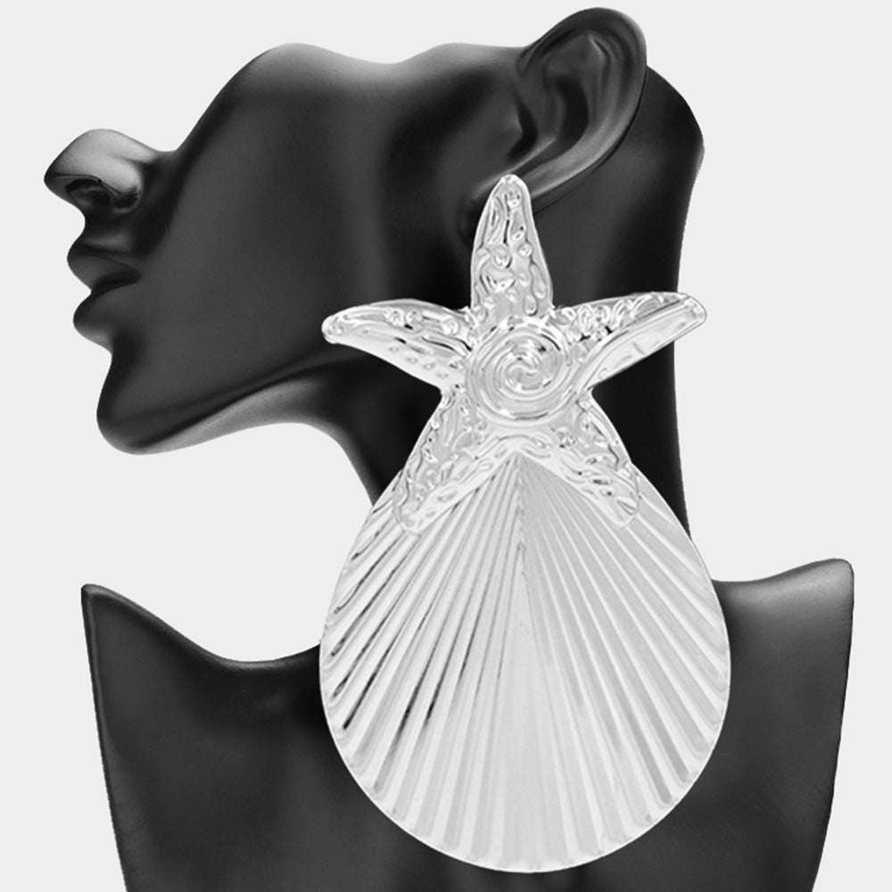 Madeline Love Rhodium Oversized Textured Metal Starfish Seashell Drop Statement Earrings
