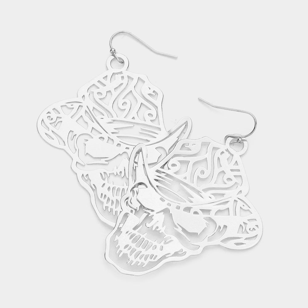 Madeline Love Rhodium Brass Metal Cutout Skull Dangle Earrings