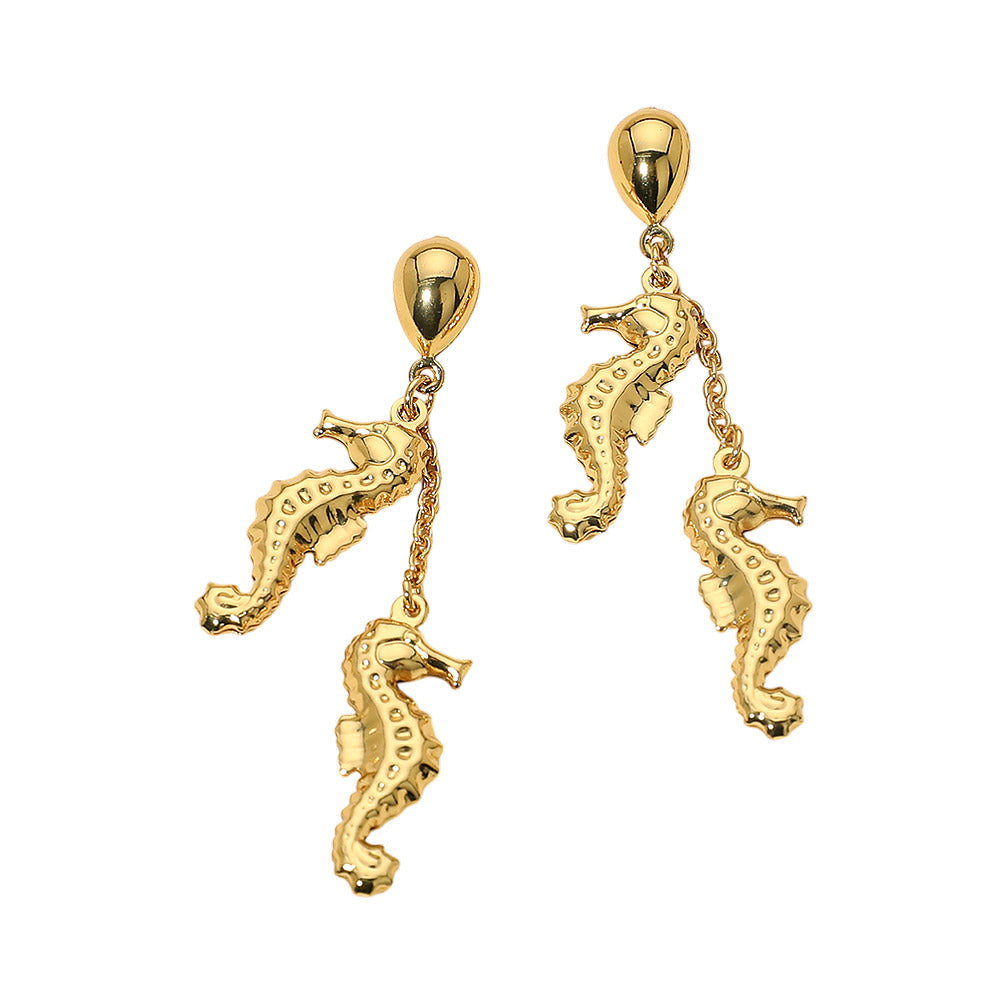 Madeline Love Gold Stainless Steel Seahorse Charm Drop Earrings - desc