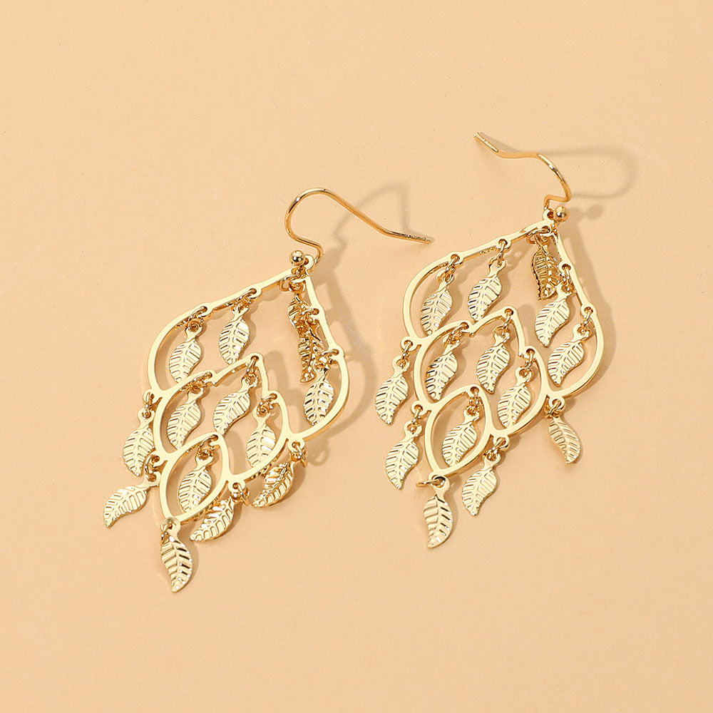 Madeline Love Gold Metal Cascading Leaf Chandelier Statement Earrings
