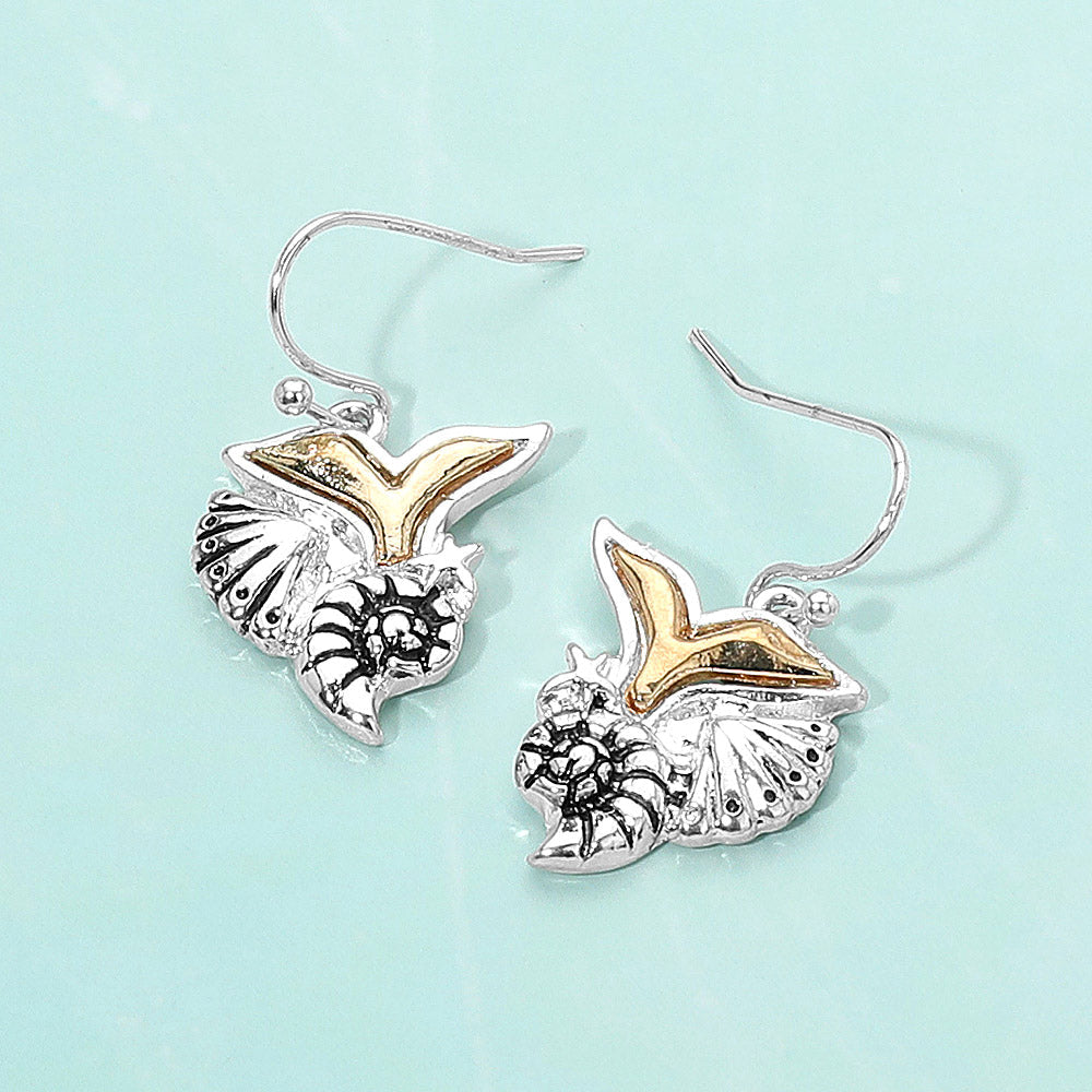 Madeline Love Antique Silver, Gold, Two Tone Metal Whale Tail Starfish Conch Shell Dangle Earrings