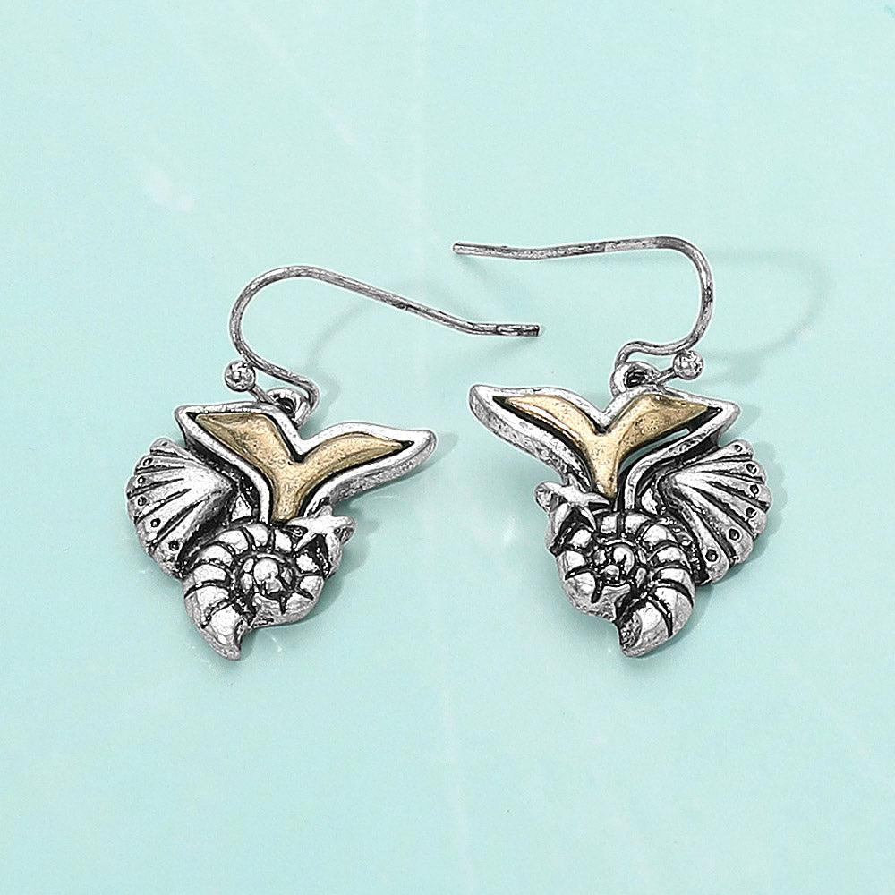 Madeline Love Gold Burnished, Silver Burnished Metal Whale Tail Starfish Conch Shell Dangle Earrings