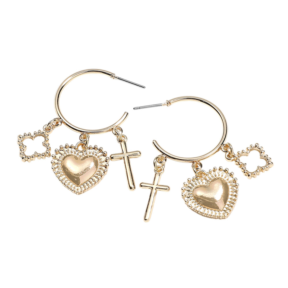 Metal Open Quatrefoil Cross Heart Charm Dangle Hoop Earrings