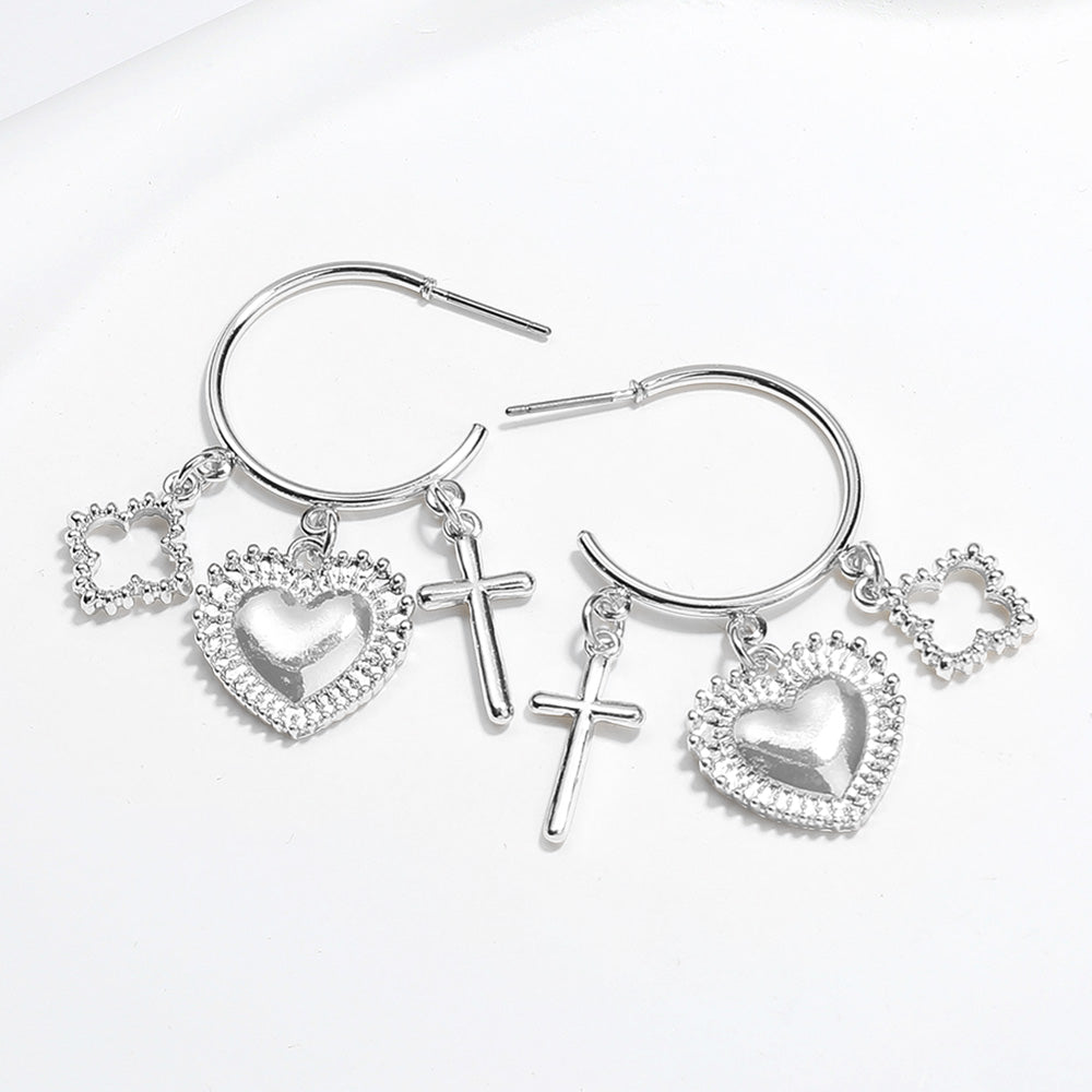 Metal Open Quatrefoil Cross Heart Charm Dangle Hoop Earrings