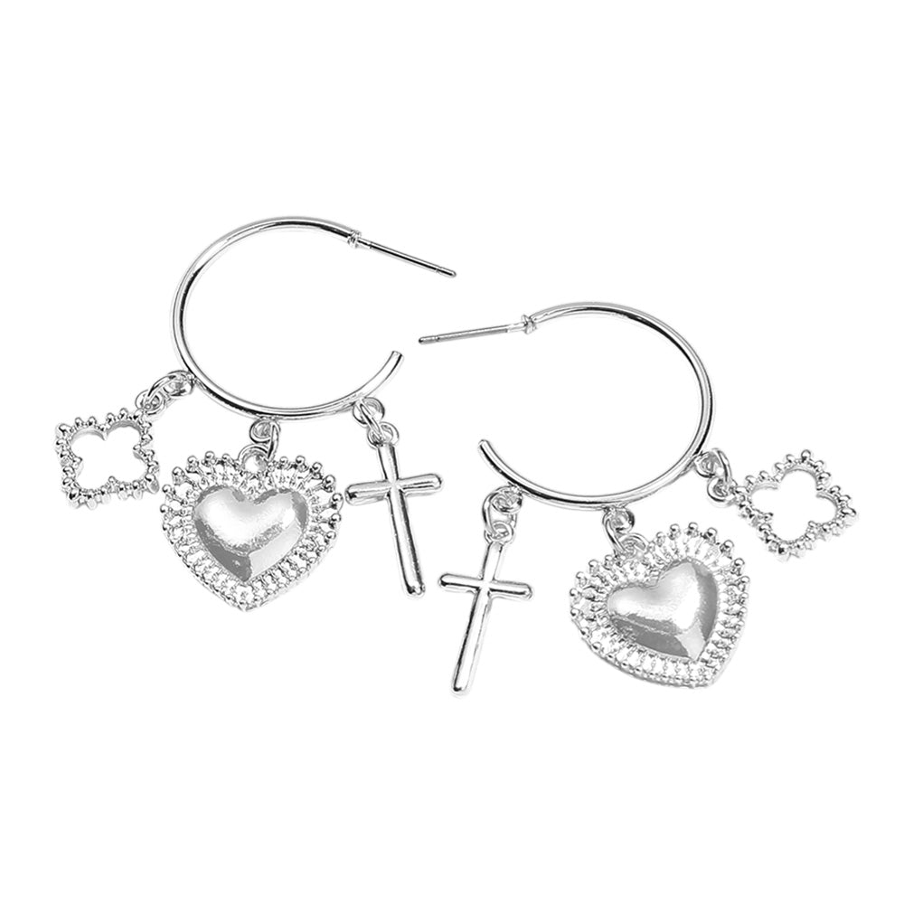 Metal Open Quatrefoil Cross Heart Charm Dangle Hoop Earrings