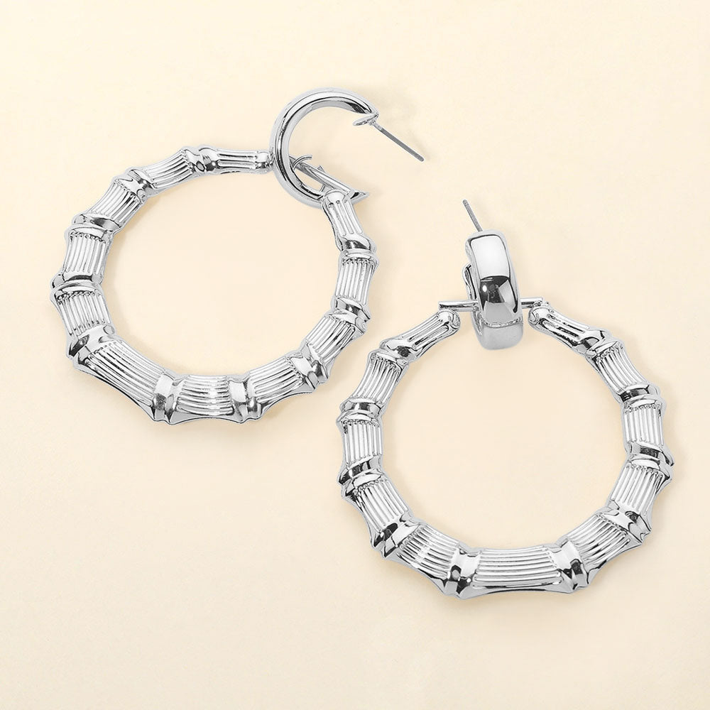 Madeline Love Rhodium Metal Bamboo Hoop Drop Earrings