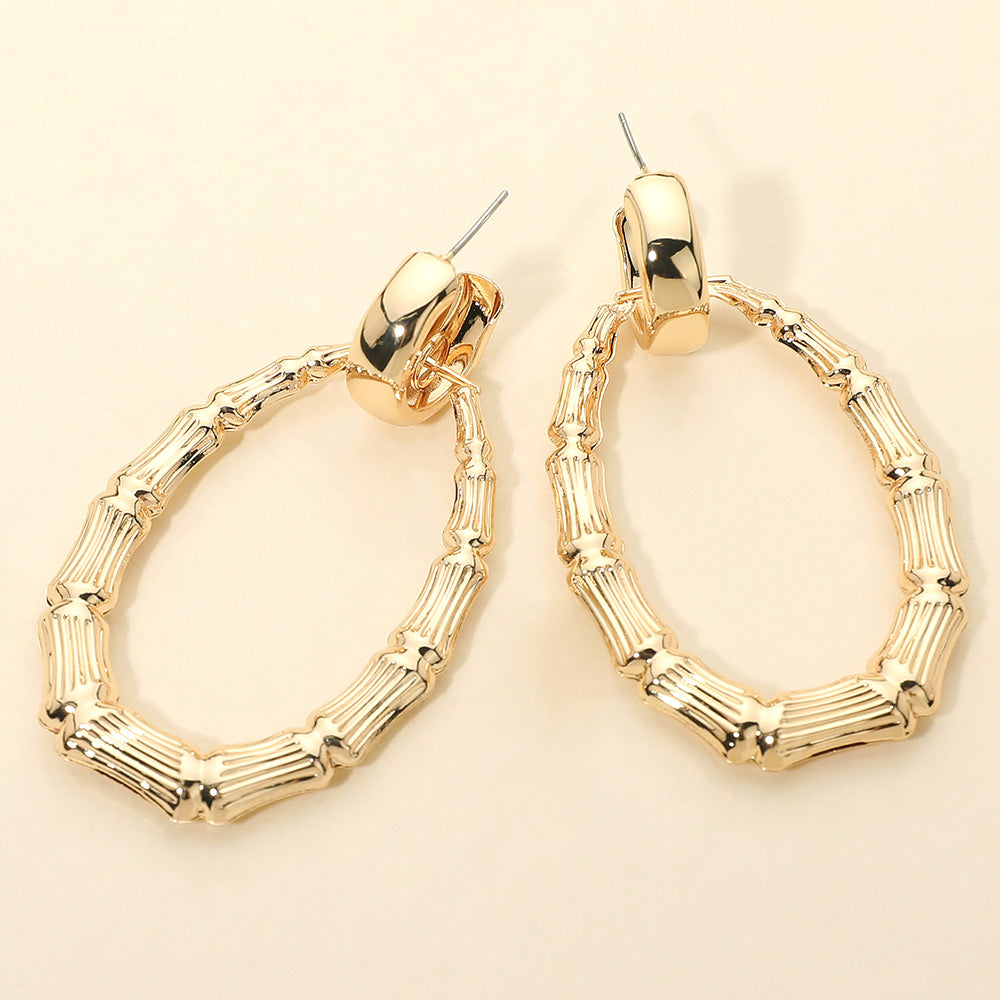 Madeline Love Gold Bold Textured Metal Teardrop Bamboo Hoop Drop Earrings