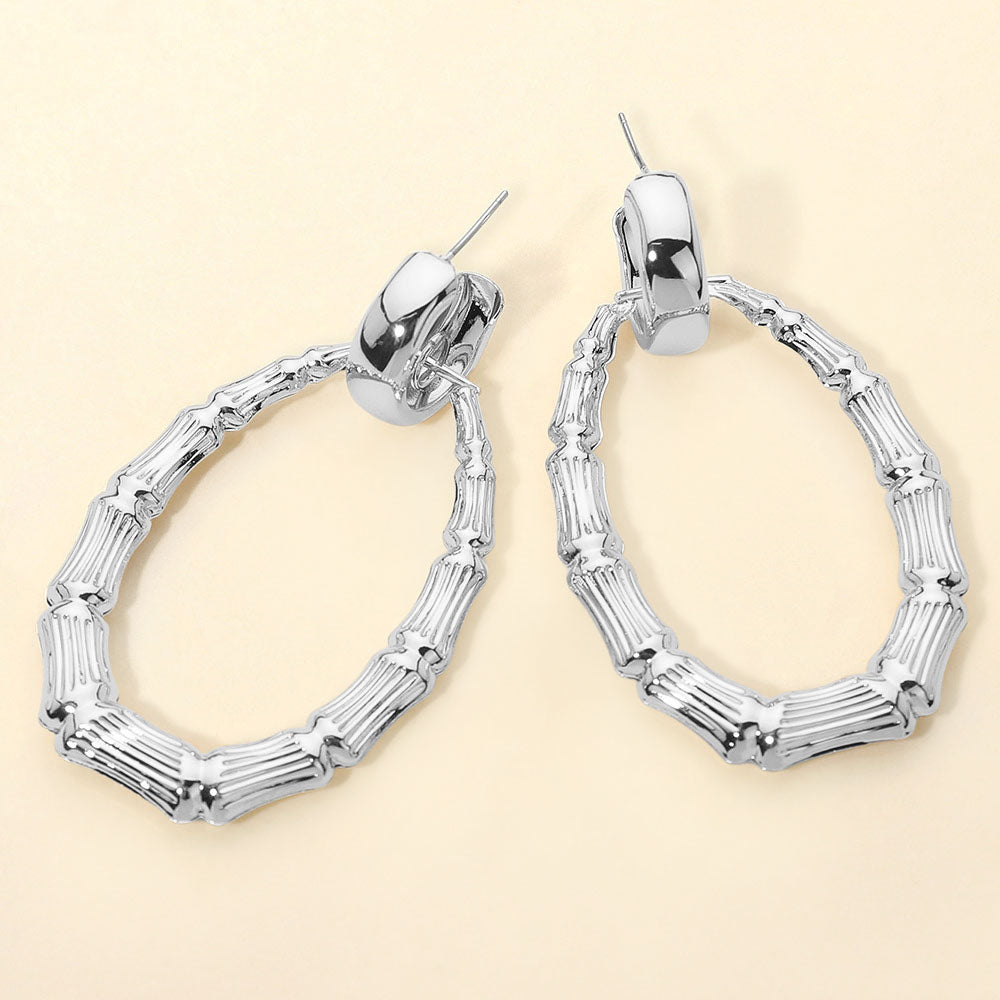 Madeline Love Rhodium Bold Textured Metal Teardrop Bamboo Hoop Drop Earrings
