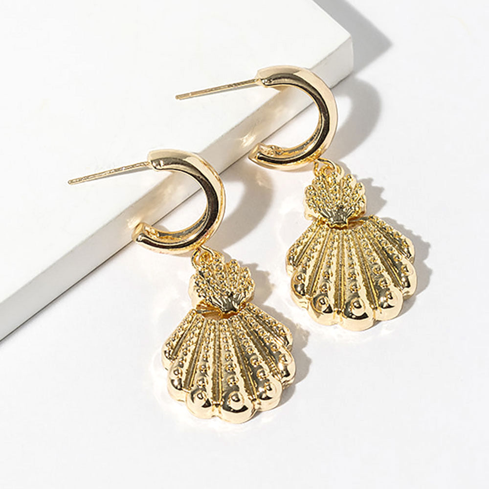 Madeline Love Gold Gold Dipped Textured Scallop Shell Drop Dangle Mini Hoop Earrings