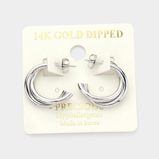 Madeline Love Rhodium 14K White Gold Dipped Double Layered Metal Half Hoop Earrings