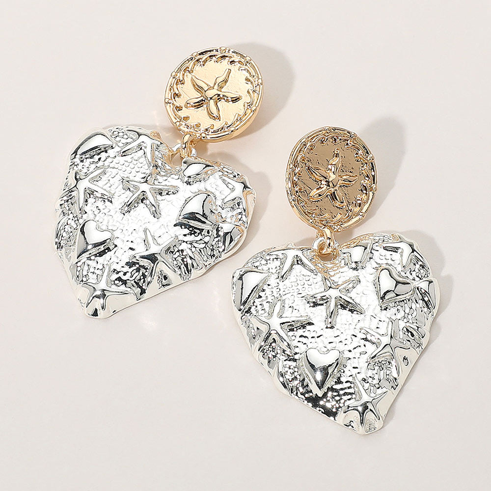 Gold, Silver Two Tone Textured Metal Sand Dollar Pointed Starfish Embossed Heart Dangle Earrings