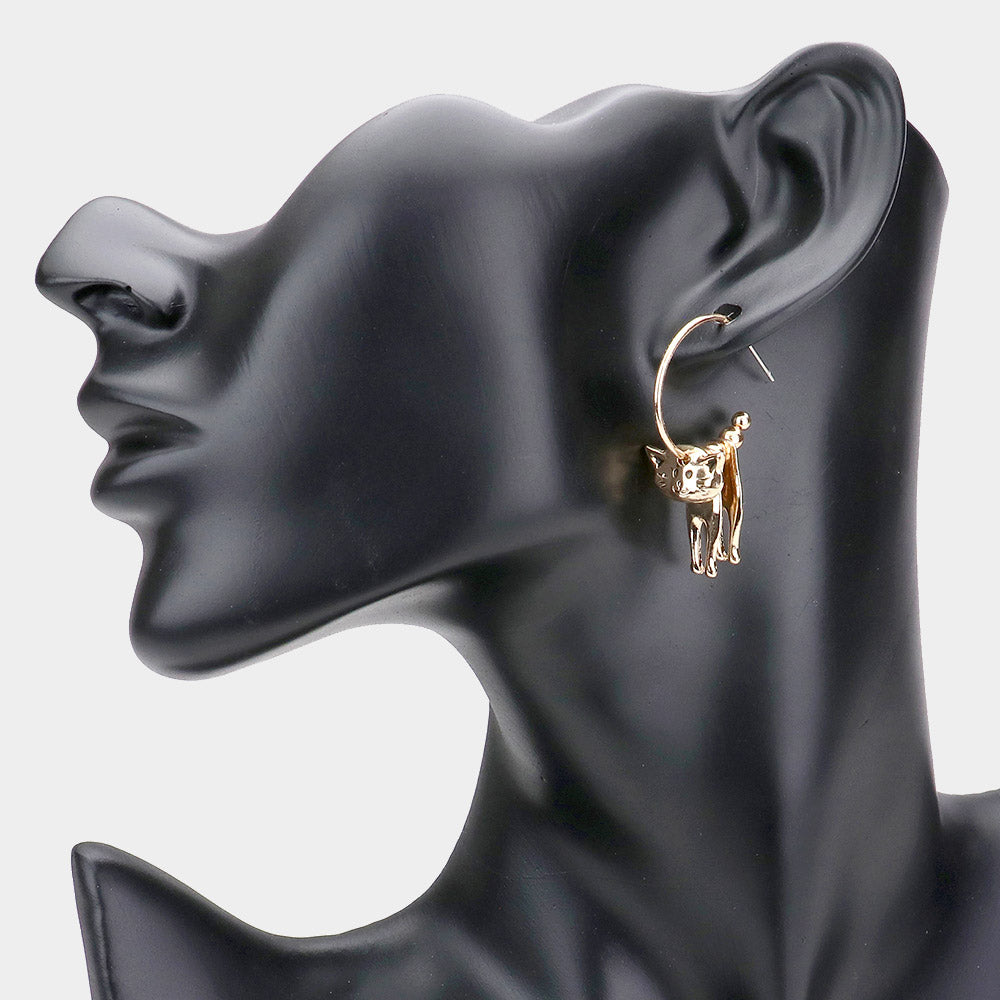 Madeline Love Antique Gold Half Hoop Metal Cat Dangle Earrings