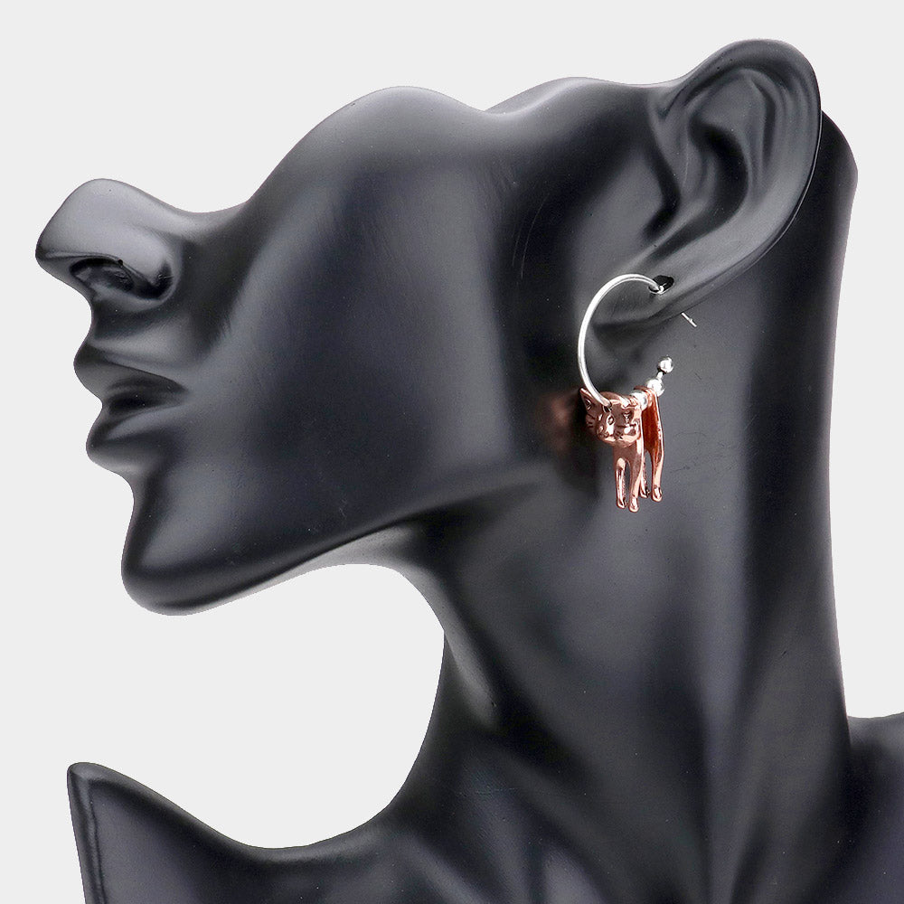 Madeline Love Two Tone Half Hoop Metal Cat Dangle Earrings
