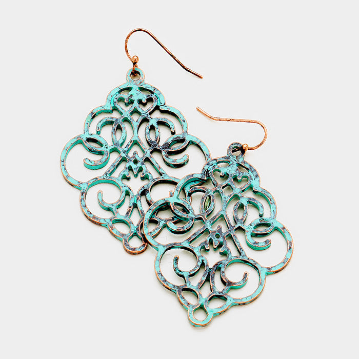 Madeline Love Patina Verdigris, Copper Floral Filigree Drop Earrings