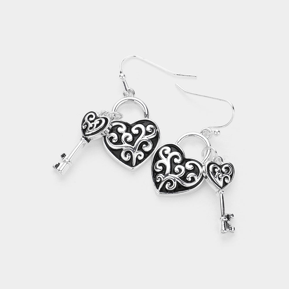 Antique Metal Heart Lock Key Dangle Earrings