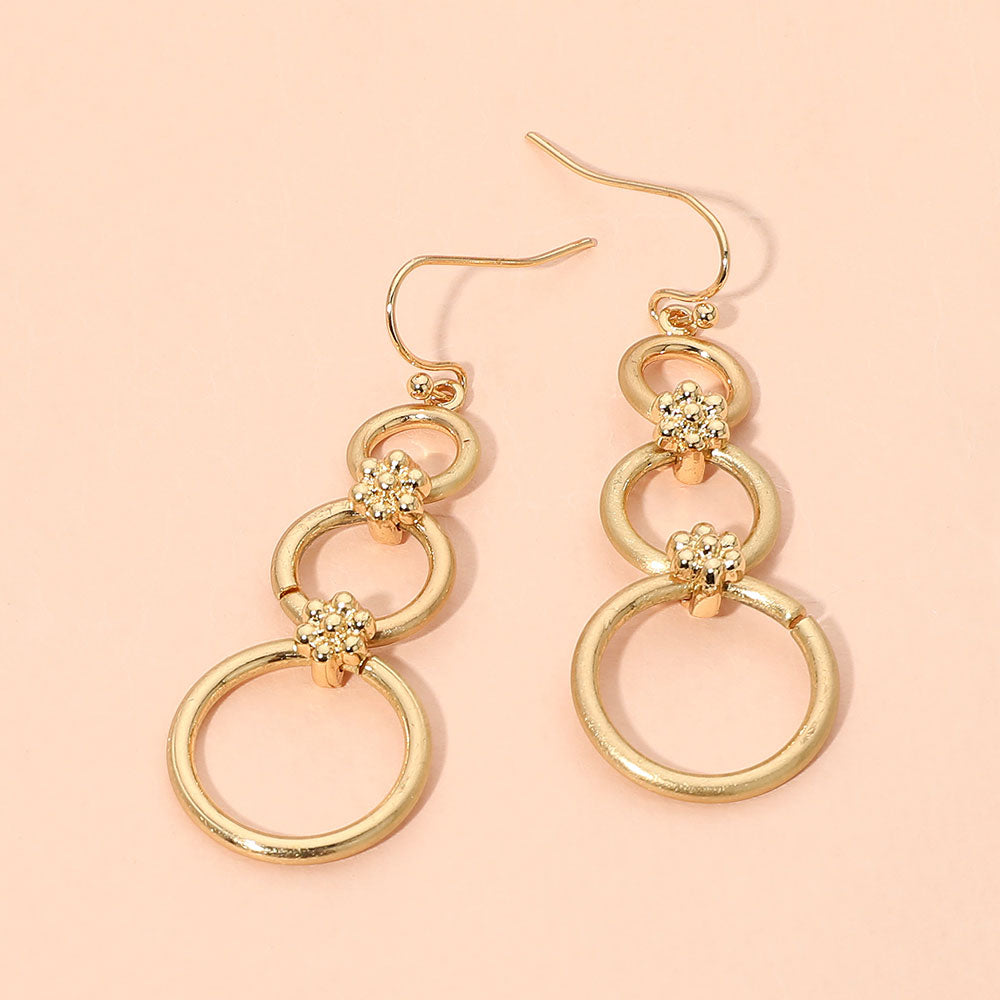 Madeline Love Gold Metal Floral Accent Triple Circle Link Drop Earrings