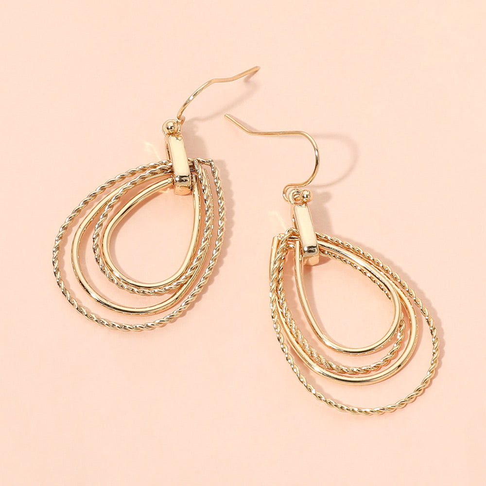 Madeline Love Gold Textured Metal Multi Layerd Wire Open Teardrop Earrings