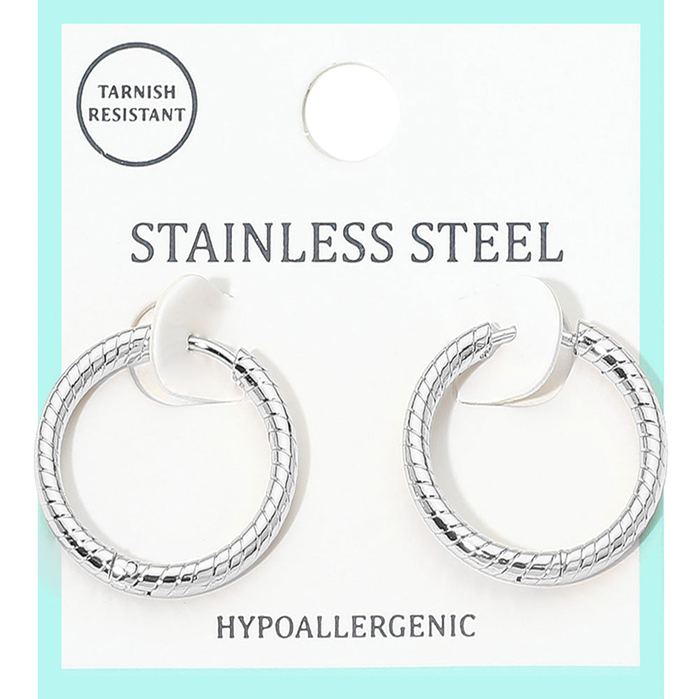 Madeline Love Rhodium Stainless Steel Textured Huggie Hoop Earrings