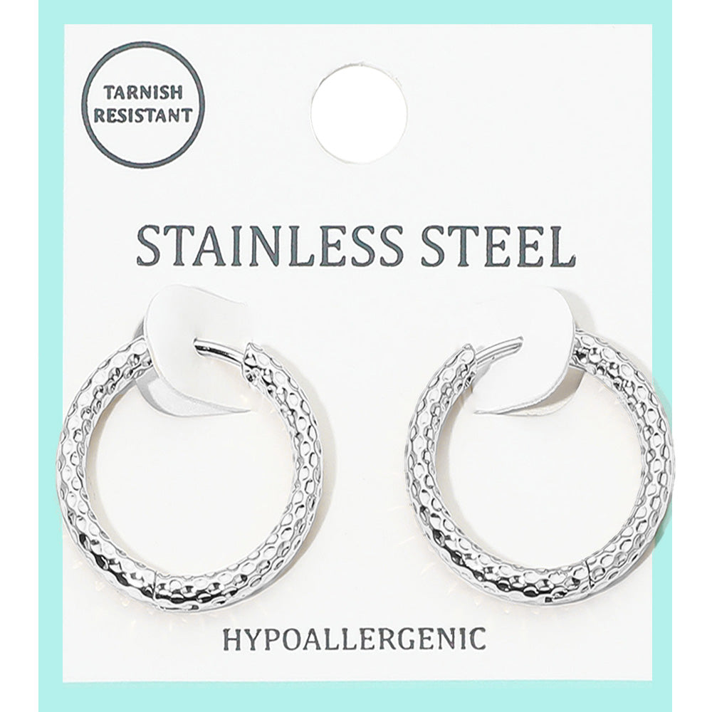 Madeline Love Rhodium Stainless Steel Hammered Huggie Hoop Earrings