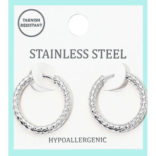 Madeline Love Rhodium Stainless Steel Hammered Huggie Hoop Earrings