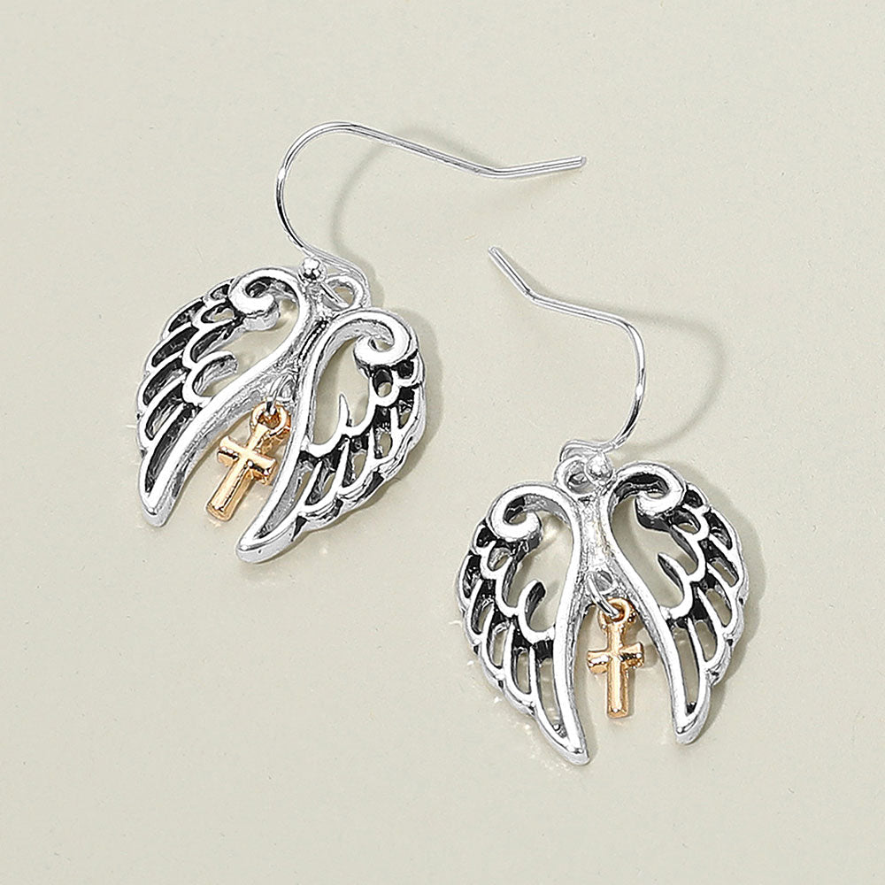 Madeline Love Two Tone Two Tone Metal Cross Tip Angel Wing Dangle Earrings